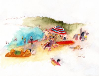 Auringonottajia ja surffaajia Hanalei Bayn rannalla, n.2019 (vesiväri ja lyijykynä paperille). tekijältä Janel Bragg