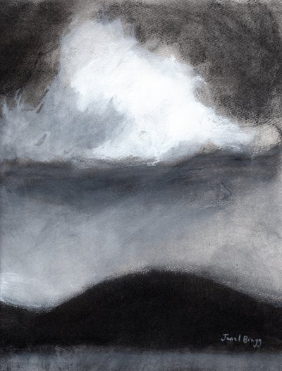 Pilvi Guemesin saaren yllä, noin 2020 (hiili, muste ja gesso paperille). tekijältä Janel Bragg