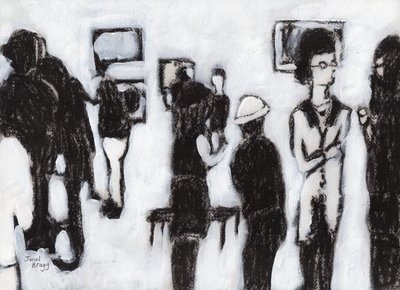 Gallerian avajaiset Hiilellä ja gessolla, n.2017 (hiiltä ja gessoa paperille) tekijältä Janel Bragg