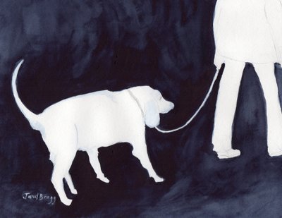 Mies kävelyttää koiraansa Indigossa II, n. 2018 (vesiväri ja lyijykynä paperille). tekijältä Janel Bragg
