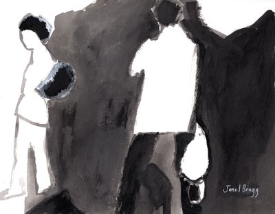 Suojelijoita Palm Springsin taidemuseossa, noin 2017 (tussi ja gesso paperille). tekijältä Janel Bragg