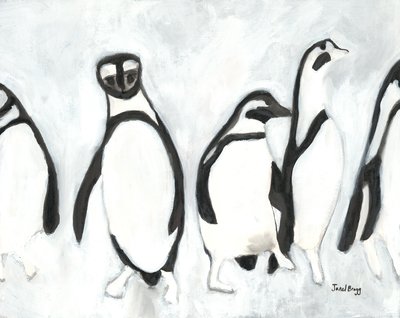 Pingviinit Woodland Parkin eläintarhassa, noin 2021 (sumi-muste ja gesso paperille). tekijältä Janel Bragg