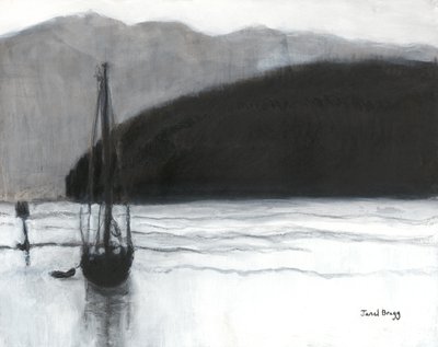 Purjevene Anacortesin satamassa, noin 2021 (hiili, muste ja gesso paperille). tekijältä Janel Bragg