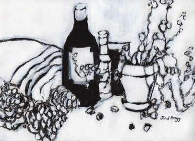 Still Life with Olive Oil and Pine Cones, noin 2017 (hiiltä ja gessoa paperille). tekijältä Janel Bragg