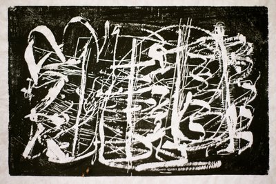 Ajan musiikki, 2014 (moottorisaha puupiirros riisipaperille) tekijältä Janet McKenzie