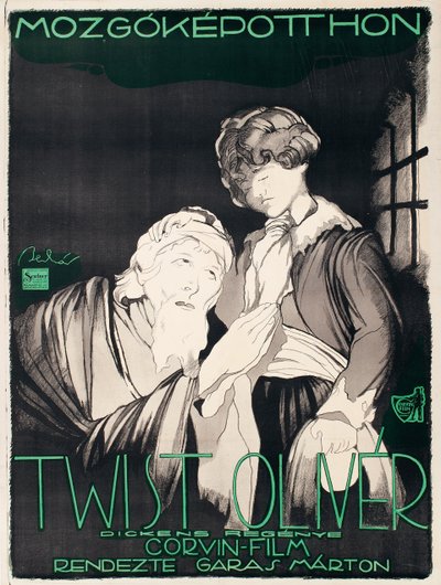 Juliste unkarilaisen elokuvatuotantoyhtiön Corvinin mykkäelokuvalle Oliver Twist tekijältä Janos Bednar