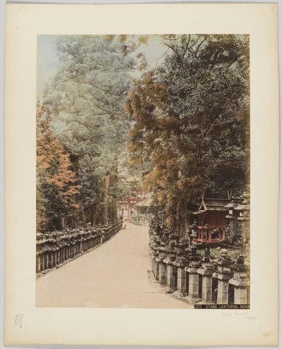 Stone Lanterns, Nara, Japani, n. 1890 (käsinvärinen mustavalkokuva) tekijältä Japanese Photographer