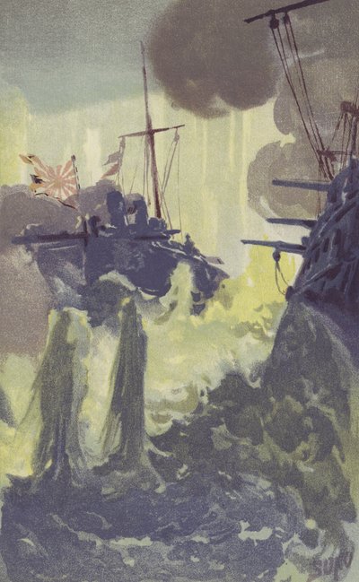 Japanilaisten torpedovenetuhoajien yöhyökkäys Venäjän laivueeseen Port Arthurin edustalla (chromolitho) tekijältä Japanese School