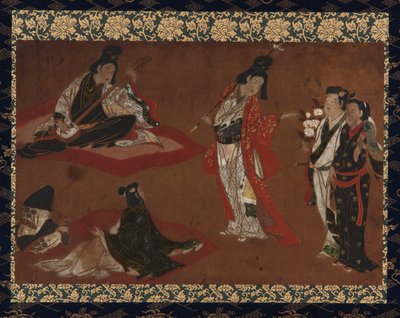 A Picnic Party, ripustettu käärö (paneeliin kiinnitetty), 1600-luvun alku (väri ja kulta paperille). tekijältä Japanese School