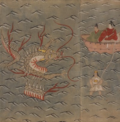 Lohikäärme ja nainen sukeltaja, kuvitus "Taishokkanista" (muste ja väri paperille) tekijältä Japanese School