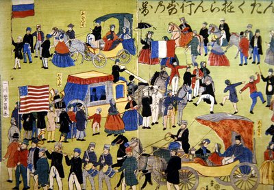 Amerikkalaiset, hollantilaiset ja ranskalaiset vierailijat saapuvat Japanin Yokohamaan, n. 1860 (värillinen puupiirros) tekijältä Japanese School