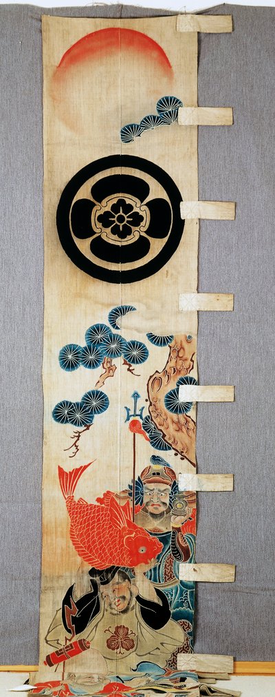 Banneri (nobori), yksityiskohta Seven Gods of Fortune -aiheista, perheen harjat, kukka ympyrässä, puuvillaa, värjätty riisitärkkelyksellä, pigmenteillä, musteella, kemikaaleilla, musteella, japanilainen sivilisaatio, Meiji-Taisho-kausi, 1900-luku tekijältä Japanese School
