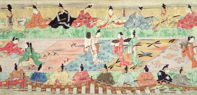 Juhlakohtaus maalatusta käsikääröstä Tarina Muramatsusta, 1600-luvun alku (kynä ja muste, wc, guassi, hopea ja kulta paperille) tekijältä Japanese School