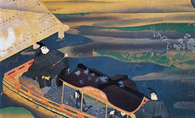 Vene kuunvalossa, Fujiwara Nobuzane (1176-1265), kuva Murasaki Shikibun päiväkirjasta, japanilainen sivilisaatio tekijältä Japanese School