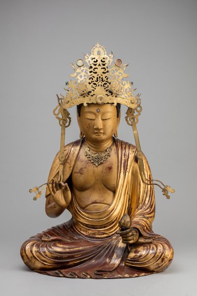 Bodhisattva Kannon, jossa on lootuskukka (puuta, kultaa ja lakkaa) tekijältä Japanese School