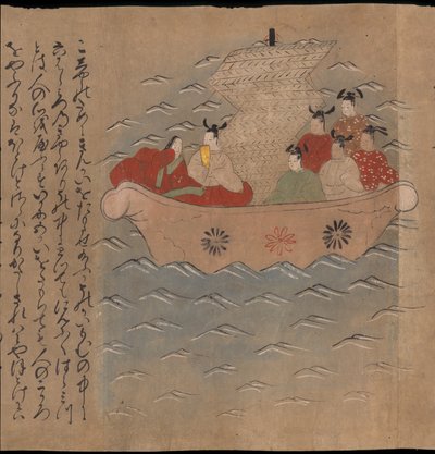 Kiinan lähettiläitä veneessä, kuvitus "Taishokkanista" (muste ja väri paperille) tekijältä Japanese School