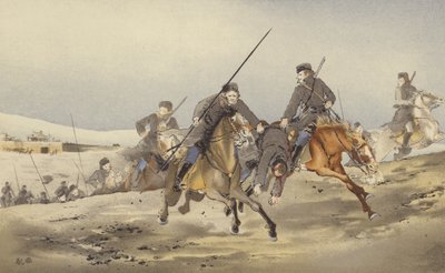 Kasakat juoksevat pakoon haavoittuneen kanssa (chromolitho) tekijältä Japanese School