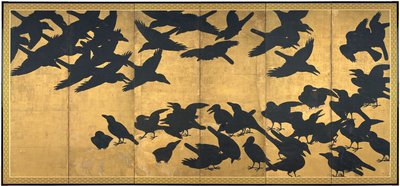 Crows, 1600-luvun alku (pari kuudesta paneelista; muste ja kulta paperille) tekijältä Japanese School