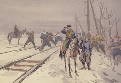 Manchurian rautatien tuhoaminen Hunhutse-ryöstöjoukon toimesta (chromolitho) tekijältä Japanese School