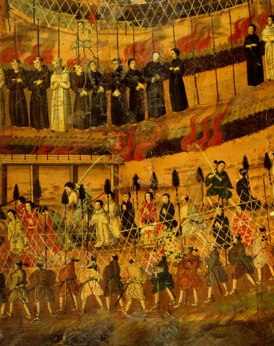 Yksityiskohta Japanin jesuiitojen marttyyrikuolemasta 1622 (akvarelli paperille) tekijältä Japanese School