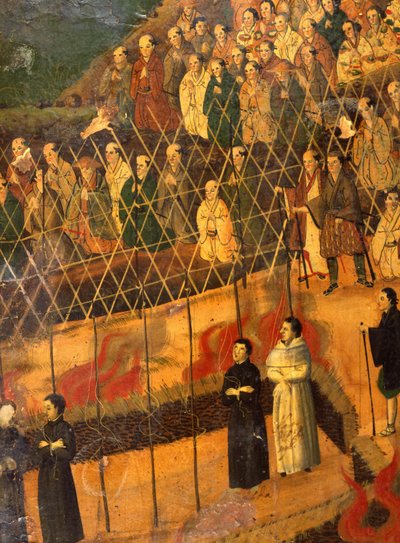 Yksityiskohta Japanin jesuiitojen marttyyrikuolemasta 1622 (akvarelli paperille) tekijältä Japanese School