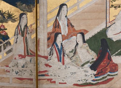 Yksityiskohta keväästä palatsissa, kuusinkertainen näyttö elokuvasta The Tale of Genji, n. 1650 (mustetta, värejä ja kultaa paperille) tekijältä Japanese School