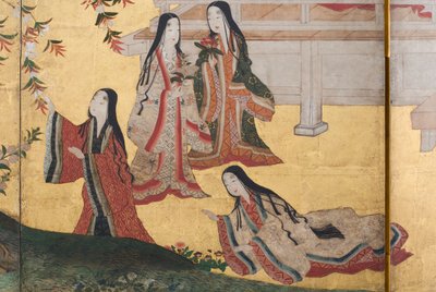 Yksityiskohta keväästä palatsissa, kuusinkertainen näyttö elokuvasta The Tale of Genji, n. 1650 (mustetta, värejä ja kultaa paperille) tekijältä Japanese School