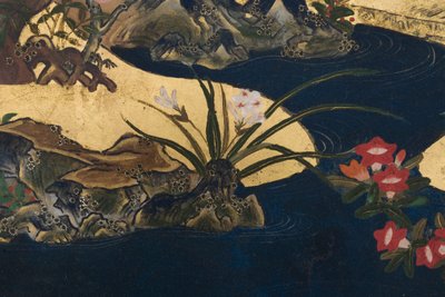 Yksityiskohta keväästä palatsissa, kuusinkertainen näyttö elokuvasta The Tale of Genji, n. 1650 (mustetta, värejä ja kultaa paperille) tekijältä Japanese School