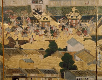 Yksityiskohta teoksesta Näkymiä Kiotossa ja sen ympäristössä (Rakuchu rakugai zu), n.1616-24 (muste, väri ja lehtikulta paperille). tekijältä Japanese School