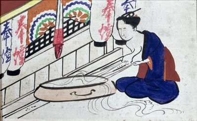 Ema (votive plakki), joka kuvaa naista lypsäämässä maitoa tekijältä Japanese School