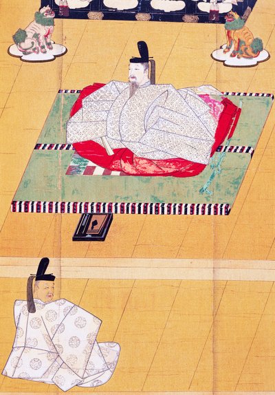 Keisari Go-Daigo ja ministeri Fujifusa, puupiirros, Kamakura-kausi (1185-1333), japanilainen sivilisaatio tekijältä Japanese School