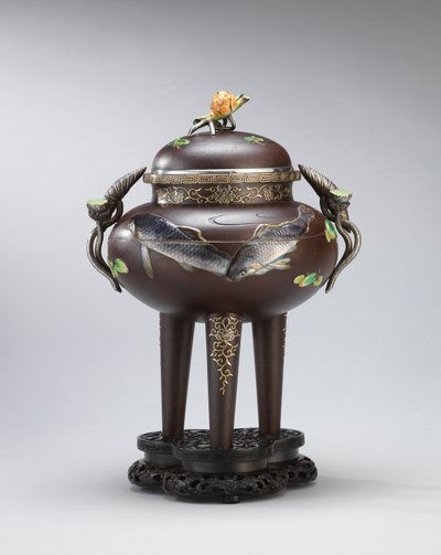 Emalilla ja pehmeällä metallilla upotettu rauta suitsutuspoltin, sinetöity Koichi Shin (Takasaki Koichi), Meiji Period (rauta, kulta, hopea ja emalit) tekijältä Japanese School