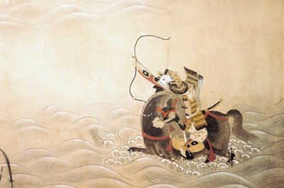 Genpein (Gen Pei) sodan (1180-1185) jakso: jousella aseistettu ja hevosen selässä oleva samurai ylittää joen. Tosa-koulun japanilainen taide tekijältä Japanese School