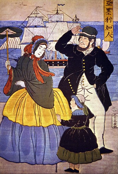 Japanilaisen taiteilijan vuonna 1861 maalaama eurooppalainen perhe Yokohaman sataman edustalla tekijältä Japanese School