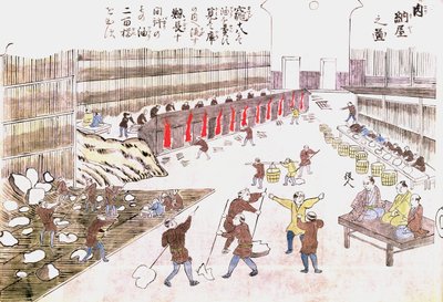 Valastuotteiden valmistustehdas, 1800-luvun loppu (värikaiverrus) tekijältä Japanese School