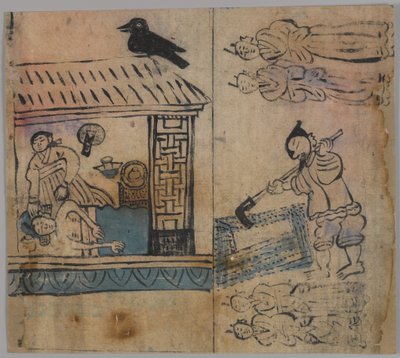 Genrekohtaus, yksi neljästä (muste ja väri paperille) (katso myös 861303-5) tekijältä Japanese School