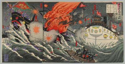 Suuri meritaistelu Weihaiweissa, Meijin aikakaudella, 1895 (värillinen puupainatus) tekijältä Japanese School