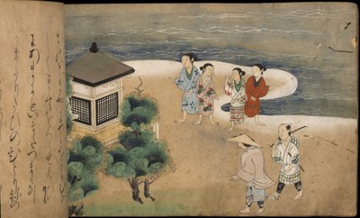 Japanilaiset miehet pagodin luona, kuvitus "Taishokkanista" (muste ja väri paperille) tekijältä Japanese School