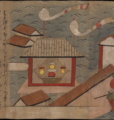 Japanilainen paviljonki, kuvitus "Taishokkanista" (muste ja väri paperille) tekijältä Japanese School