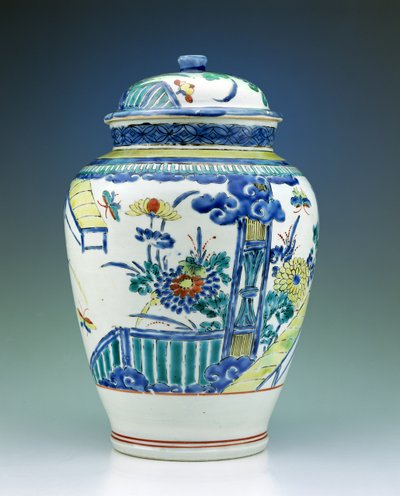 Purkki ja kansi koristeltu Kakiemon emaleilla, n.1680 (posliini) tekijältä Japanese School