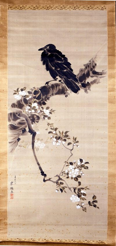 Kakemono (paperi- tai silkkirulla, pitkänomainen korkeus), joka edustaa korppia (kabasu), jumalten sanansaattajaa. 1700-luvulla. Genova, Museo Chiossone. tekijältä Japanese School