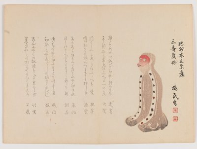Kneeling Monkey with Red Face, n. 1860 (puukiviprintti, vaakasuora Chûban yoko-e -muoto) tekijältä Japanese School