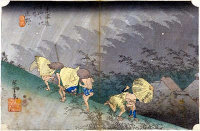 Maisema sateessa. Japanilainen printti. sd. 1800-luvulla. tekijältä Japanese School