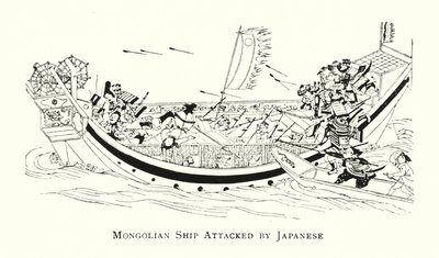 Japanilaiset hyökkäsivät Mongolian laivaan (litho) tekijältä Japanese School
