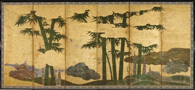 Moonlit Bamboo Grove, 1500-luvun alku (pari kuudesta paneelista; muste, väri ja kulta paperilla) tekijältä Japanese School