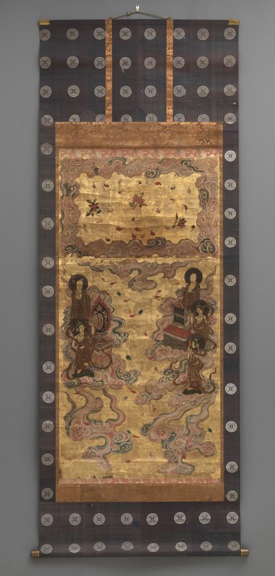 Seinämaalaus: Kahdenkymmenenviiden laskeutuminen bodhisattvat (Amitabha-triadin hoitajat), 1700-luvulla (riippuvat kääröt: muste, väri ja kulta lehti paperille, messinki) tekijältä Japanese School