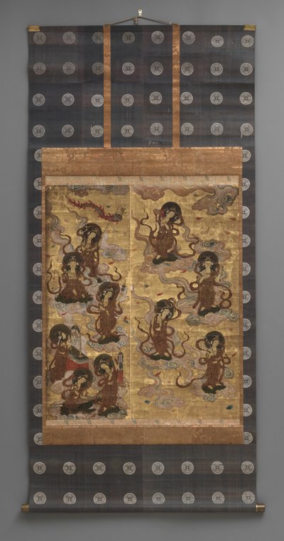 Seinämaalaus: Kahdenkymmenenviiden laskeutuminen bodhisattvat (Amitabha-triadin hoitajat), 1700-luvulla (riippuvat kääröt: muste, väri ja kulta lehti paperille, messinki) tekijältä Japanese School