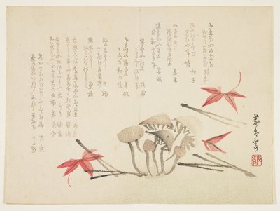 Sienet, vaahteranlehdet ja männyn neulaset (värillinen puupainatus) tekijältä Japanese School