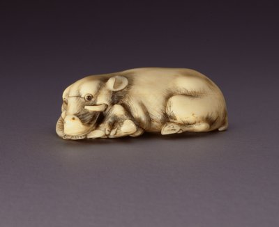 Netsuke kuvaa makuuasennossa olevaa villisiaa, n. 1750-80 (narwahl-torvi) (katso myös 210190) tekijältä Japanese School