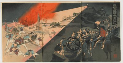 Yötaistelu Pingyangissa, Meijin aikakaudella, 1894 (värillinen puupalikkaprintti) tekijältä Japanese School